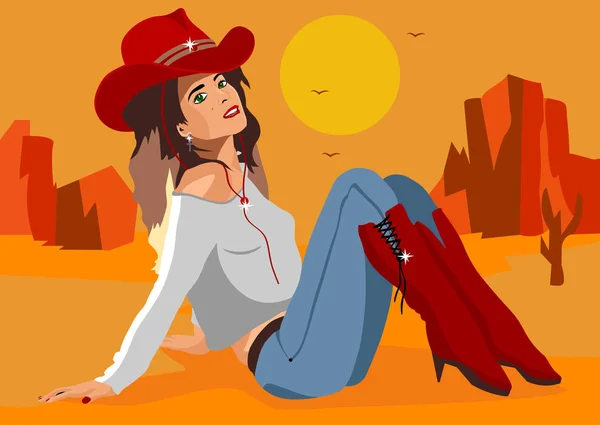 Vacker Flicka Röd Cowboy Hatt Bakgrunden Stäpperna Texas — Stock vektor