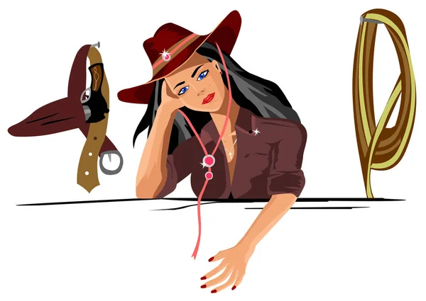 女孩牛仔站在墙上挂着一把枪和绳子套索 — 图库矢量图片