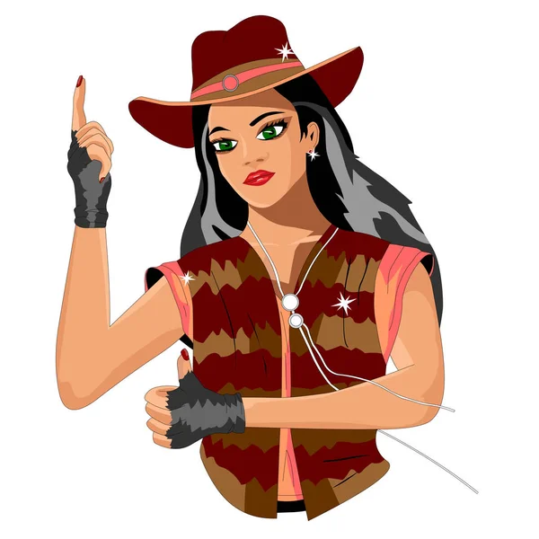 Chica Sombrero Vaquero Apuntando Hacia Arriba — Vector de stock