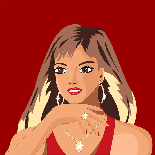 Chica Muy Hermosa Rica Ella Todo Oro Muestra Nuevo Anillo — Vector de stock