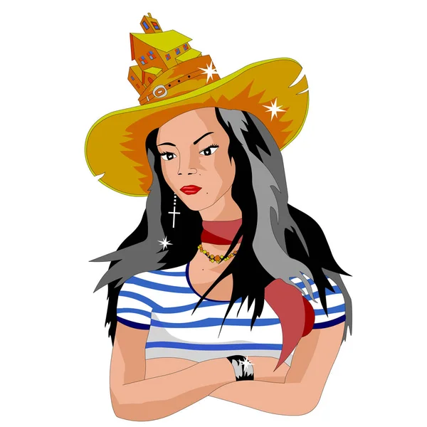 Chica Sombrero Grande Que Pequeño Pueblo — Vector de stock