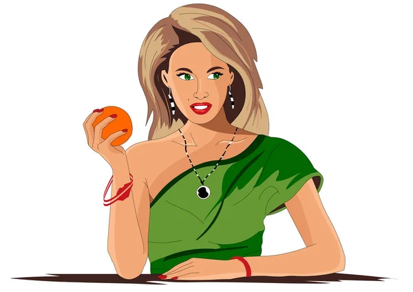 Chica Sostiene Una Naranja Mano — Vector de stock