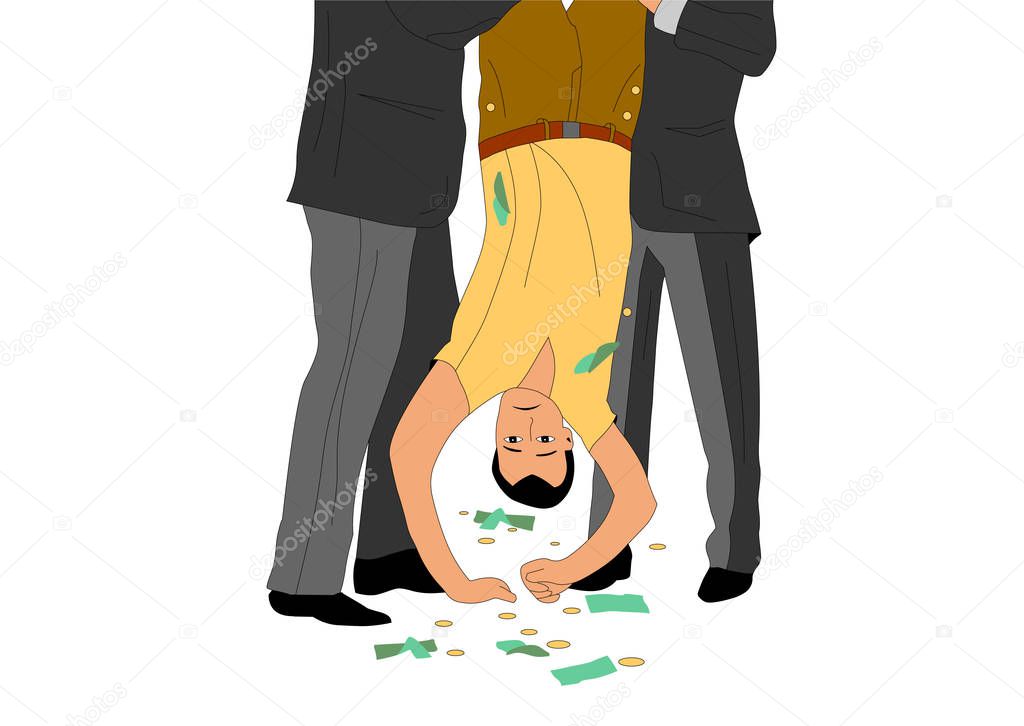 Two strong guys to extort money from a weak person. Vector illustration