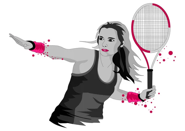 Kuvitus Teema Tennis Tyttö Maila Graafiseen Tyyliin Vektori Kuva — vektorikuva