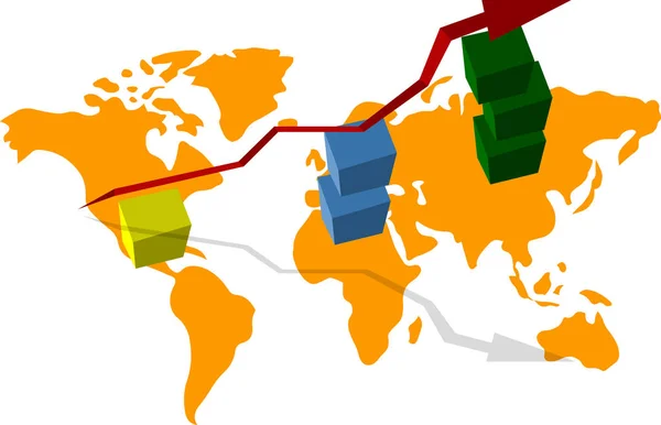 经济增长图 世界地图 增长的立方体 和箭头在上部 矢量图片 — 图库矢量图片