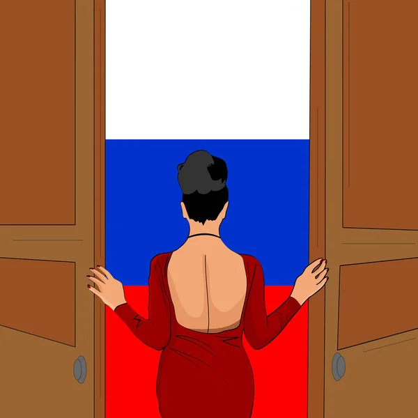 Güzel Kız Rusya Için Kapıyı Açar Rusya Hoş Geldiniz Vektör — Stok Vektör