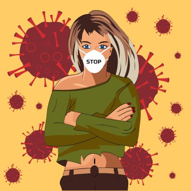 Tıbbi maskeli bir kız, Coronavirus bakterisinin arka planında durduğu yazıyor.