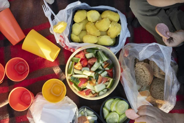 Emberek csoportja italokkal és étellel a piknik szőnyegen vacsoránál. — Stock Fotó