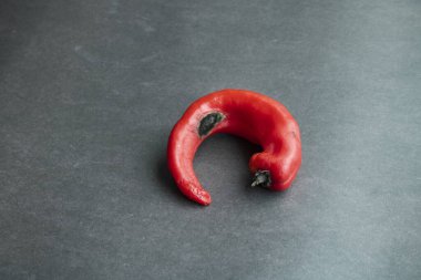 Şımarık kırmızı biber. Çirkin yemek trendi, düz döşeme ve boşluk kopyalama.