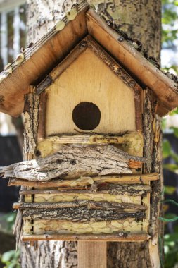 Ağaçtan sarkan kahverengi ahşap kuş evi. Marangoz yapımı