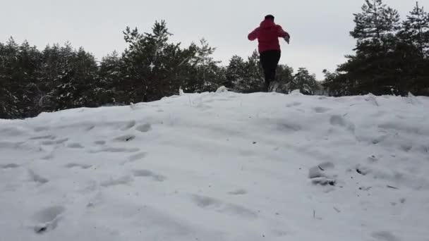 Woman Escapes Snowy Hillock View Snowy Forest — Stock Video