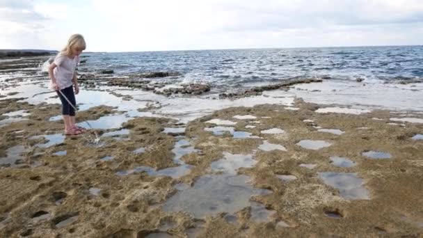 Дитина Дивиться Калюжі Узбережжі Середземного Моря Шукаючи Краба Або Маленьку — стокове відео