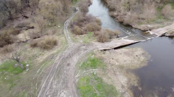 Aerial Rio Transbordou Inundou Ponte Pontão — Vídeo de Stock