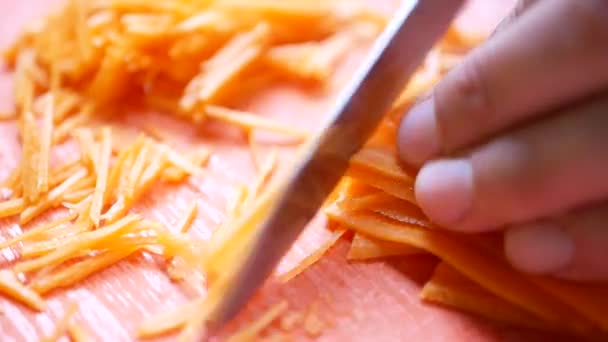 Femme Coupant Des Carottes Avec Couteau Sur Une Planche Bois — Video