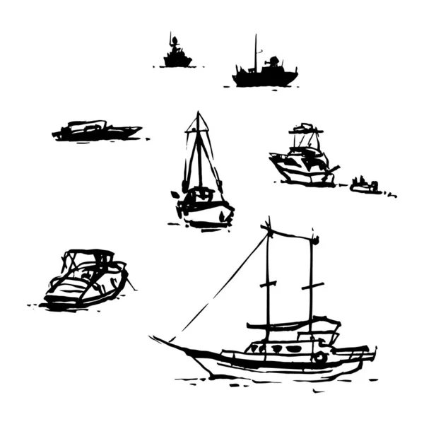 Bocetos Digitalizados Varios Barcos Dibujados Bodrum Aire Libre Pinceles Tinta — Vector de stock