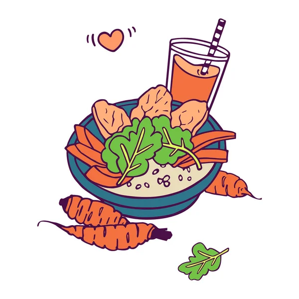Zdrowy posiłek i sok marchewkowy lub koktajl. ręcznie rysowane w stylu kreskówki, kolorowe grafiki izolowane na białym tle, w wektorze — Wektor stockowy