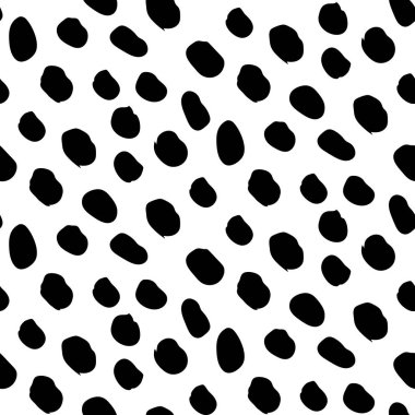 Elle mürekkep ve fırçayla yapılan damlacık darbeleriyle kusursuz desen. Doodle tarzı. Siyah parçacıklar beyaz sırtında izole edilmiş. Tekrarlanabilir minimalist model. Arkaplan, ambalaj kağıdı ve tekstil tasarımı için kullan..