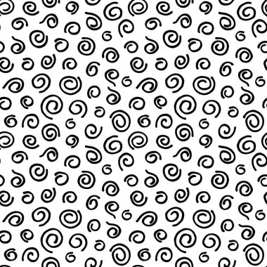 Elle mürekkep ve fırçayla yapılan spiral darbelerle kusursuz desen. Doodle tarzı. Siyah girdap parçacıkları beyaz sırtlı izole edilmiş. Tekrarlanabilir minimalist model. Arkaplan, ambalaj kağıdı ve tekstil tasarımı için kullan..