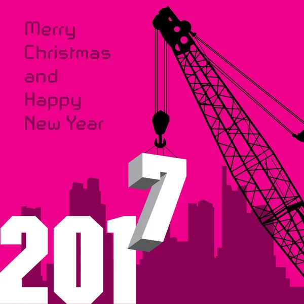 Happy New Year greeting card - crane at work — Stock Vector