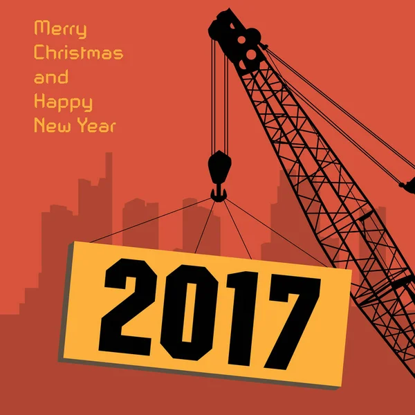 Happy New Year greeting card - crane at work — Stock Vector