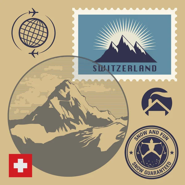Suiza tema sellos o etiquetas conjunto — Archivo Imágenes Vectoriales