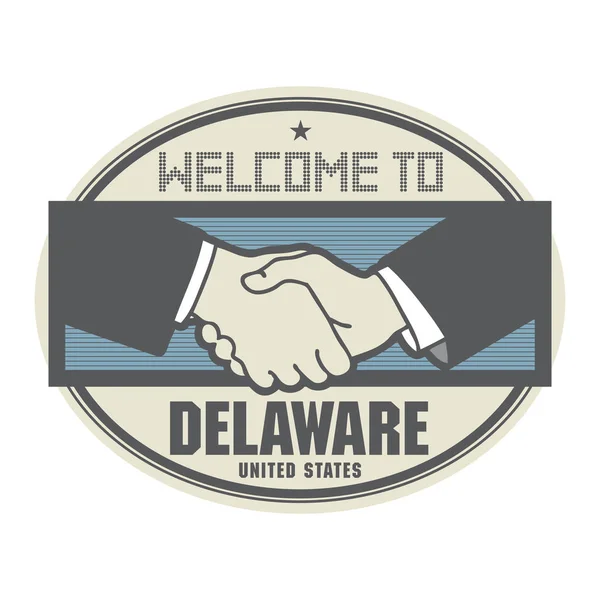 Concepto de negocio con apretón de manos y el texto Bienvenido a Delaware — Vector de stock