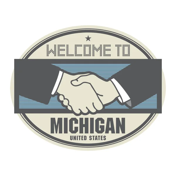 Concepto de negocio con apretón de manos y el texto Welcome to Michigan — Archivo Imágenes Vectoriales