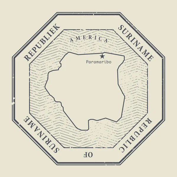 Timbre avec le nom et la carte de Suriname — Image vectorielle