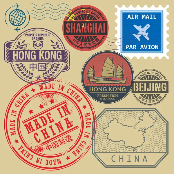 Travel stamps set with the text Chine, Shanghai, Beijing — Stock Vector