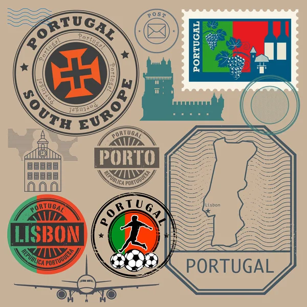 Selos de viagem ou conjunto de símbolos, Tema de Portugal —  Vetores de Stock