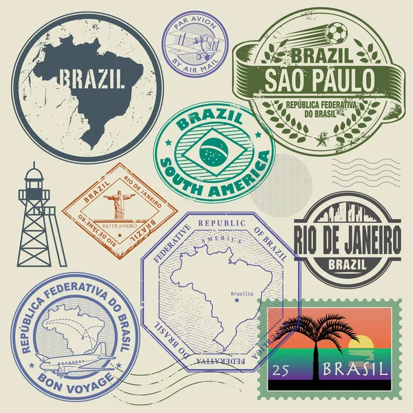 Reizen stempels of symbolen ingesteld, Brazilië, Zuid-Amerika thema — Stockvector