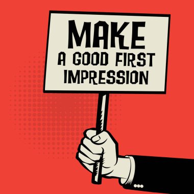 Poster elinde, iş kavramı metin yapmak iyi bir ilk Impressi