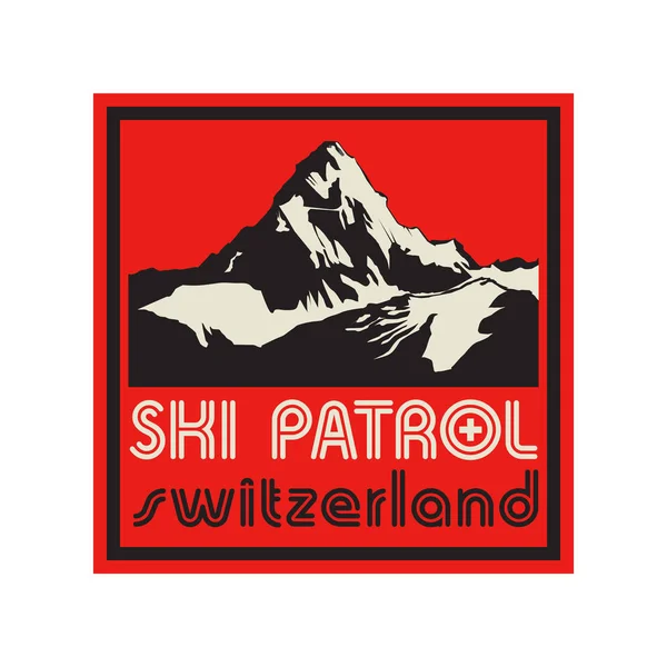 Segno o simbolo di montagna con testo Ski Patrol, Svizzera — Vettoriale Stock