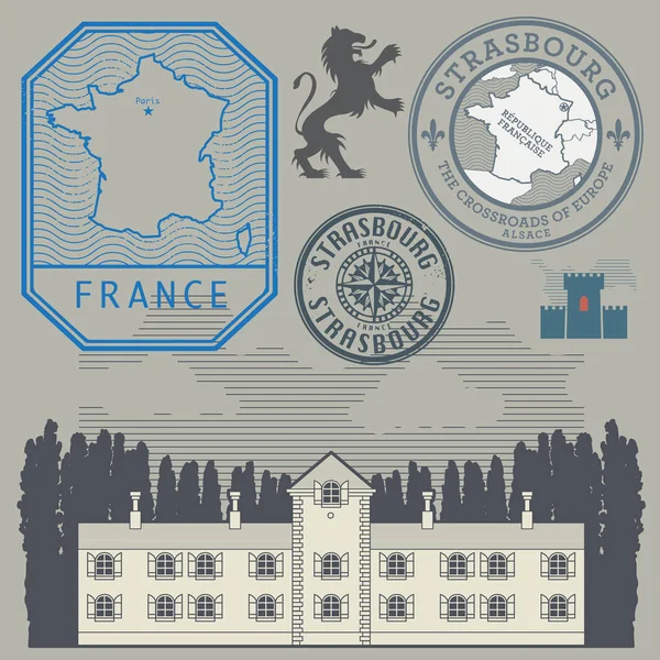 Conjunto de sellos o símbolos de viaje, tema Francia — Vector de stock