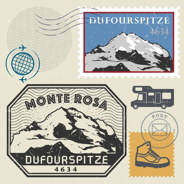 Conjunto de sellos postales con el Dufourspitze, Alpes — Vector de stock