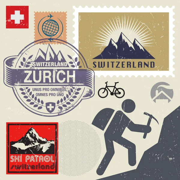 Switzerland travel or adventure theme stamps or labels set — Stock Vector