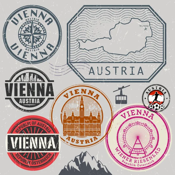Conjunto de sellos de viaje o símbolos de aventura, Austria y Viena — Vector de stock