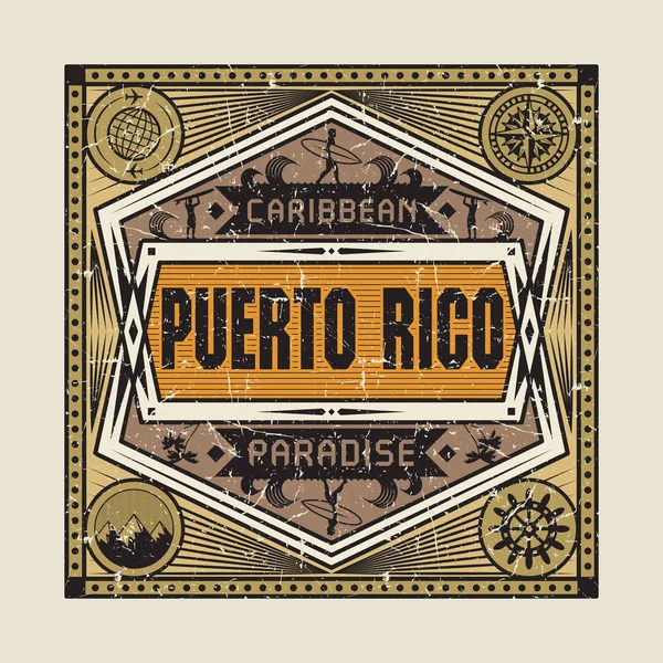 Timbre ou emblème vintage avec texte Porto Rico, Paradis des Caraïbes — Image vectorielle