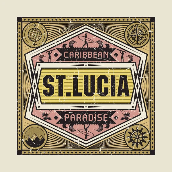 Timbre ou emblème vintage avec texte Sainte-Lucie, Paradis des Caraïbes — Image vectorielle
