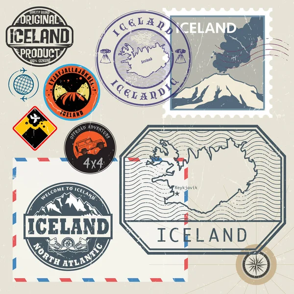 Resa frimärken eller symboler som, Island tema — Stock vektor