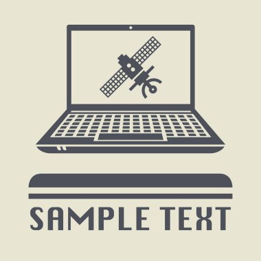 Laptop ya da defter bilgisayar ile uçan uydu simgesi