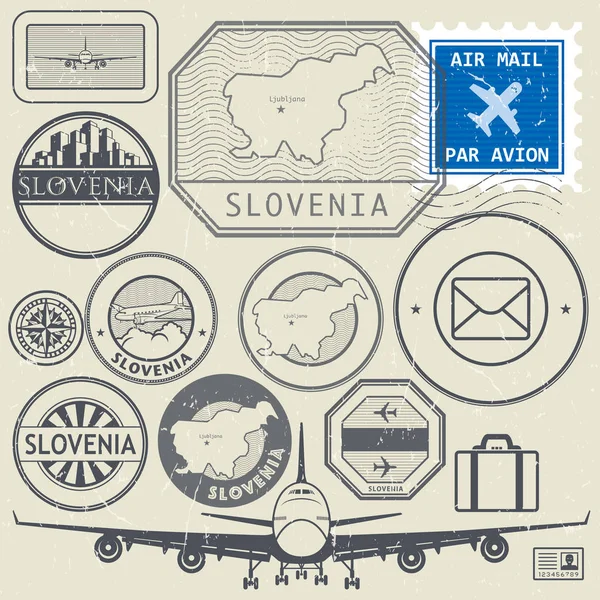 スロベニア旅行や冒険テーマ切手、ラベルを設定 — ストックベクタ