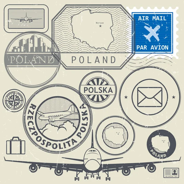 여행 스탬프 또는 모험 기호 집합, 폴란드 테마 — 스톡 벡터