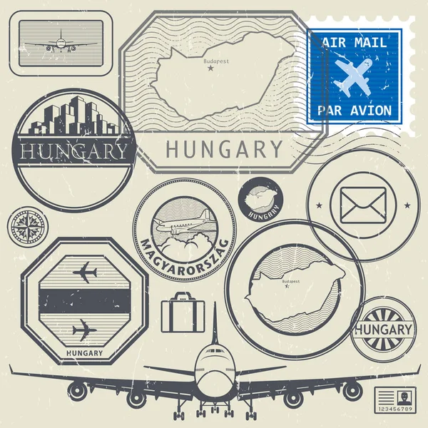 Travel stamps or adventure symbols set, Hungary theme — Stock Vector