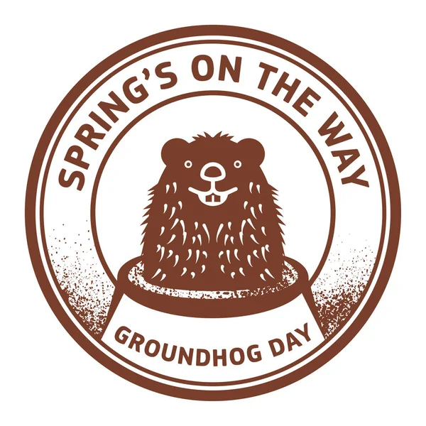 Stamp or sign with cute groundhog, Groundhog Day — Stock Vector