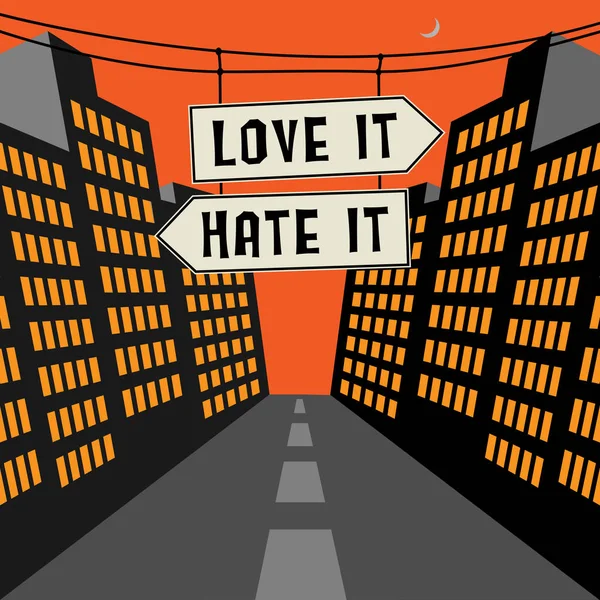 Cartello stradale con frecce opposte e testo Love it - Odio — Vettoriale Stock