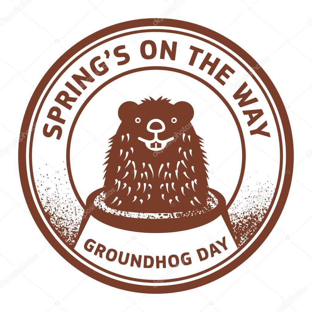 Stamp or sign with cute groundhog, Groundhog Day