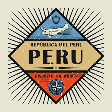 Damga veya vintage amblemi metin Peru, dünyayı keşfedin