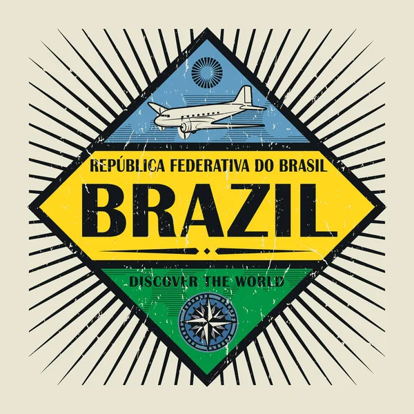 Timbro o emblema vintage testo Brasile, Scopri il mondo — Vettoriale Stock