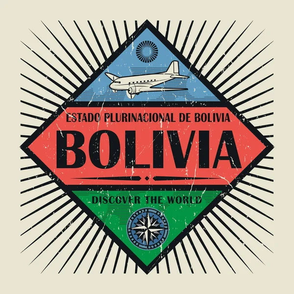 Timbro o emblema vintage testo Bolivia, Scoprire il mondo — Vettoriale Stock